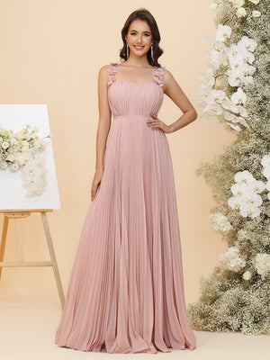 A-Line Chiffon Bridesmaid Dresses - Ruched Bodice & All-Over Accordion Pleated Skirt with 3D Floral Spaghetti Straps