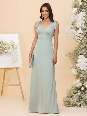 Sheath Satin Bridesmaid Dress - V Neck with Bow Shoulder Straps