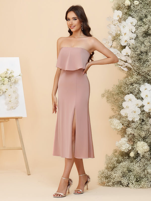 Satin Midi Bridesmaid Dresses - Strapless Ruffle Bodice & Front Slit