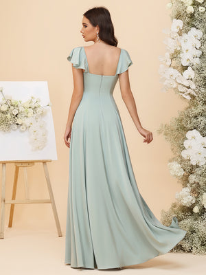 A-Line Sweetheart Bridesmaid Dress - Flutter Sleeves Chiffon Gown with Slit
