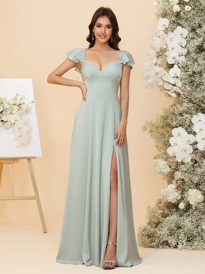 A-Line Sweetheart Bridesmaid Dress - Flutter Sleeves Chiffon Gown with Slit