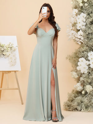 A-Line Sweetheart Bridesmaid Dress - Flutter Sleeves Chiffon Gown with Slit