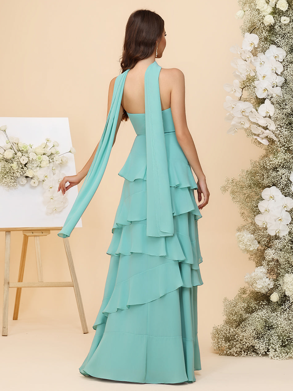 Strapless Bridesmaid Dresses - Tiered Ruffles Chiffon Gowns with Sash