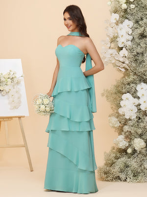 Strapless Bridesmaid Dresses - Tiered Ruffles Chiffon Gowns with Sash