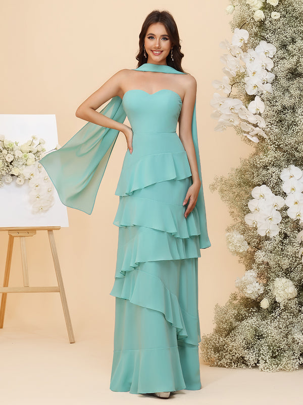 Strapless Bridesmaid Dresses - Tiered Ruffles Chiffon Gowns with Sash