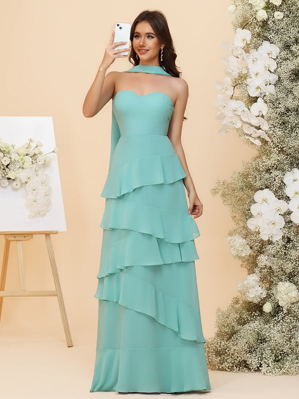 Strapless Bridesmaid Dresses - Tiered Ruffles Chiffon Gowns with Sash