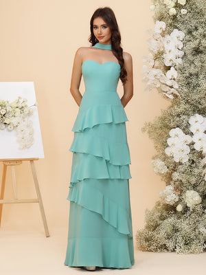 Strapless Bridesmaid Dresses - Tiered Ruffles Chiffon Gowns with Sash