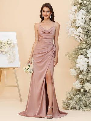 Satin Bridesmaid Dresses - Cowl Neck Sheath Gowns with High Side Slit