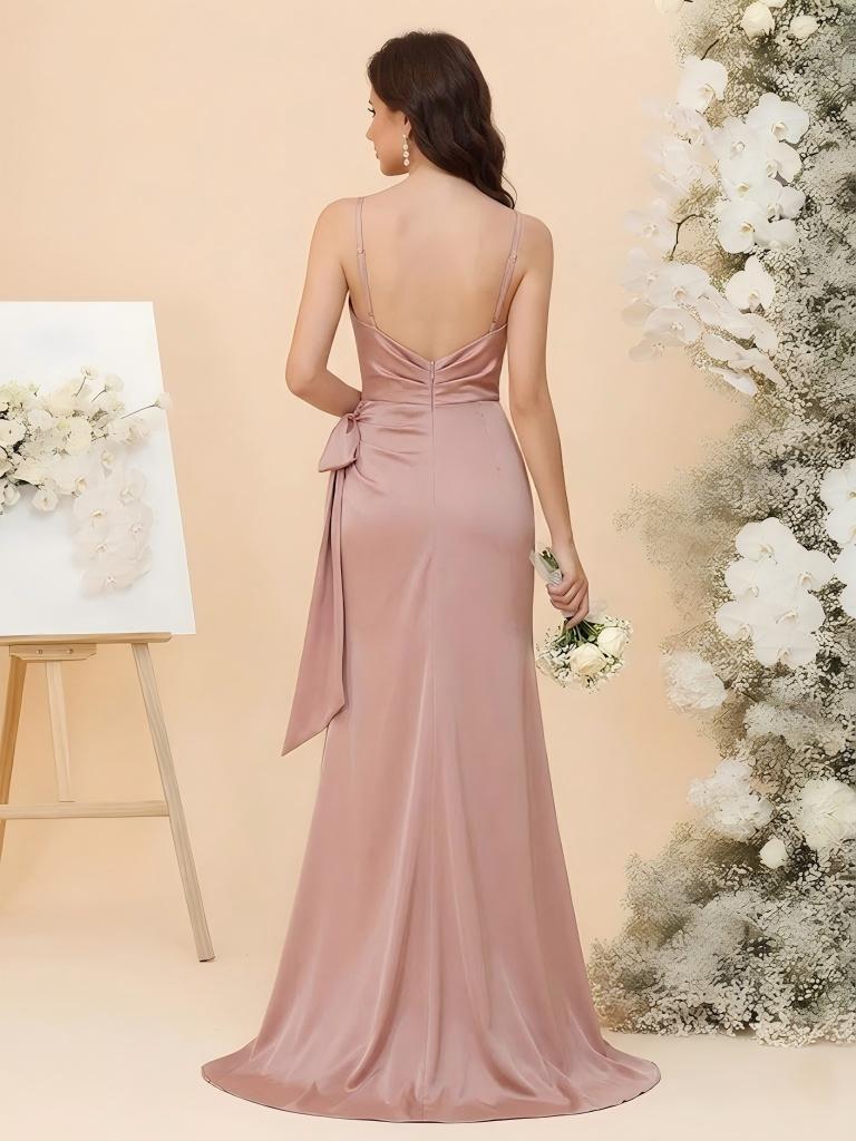 Satin Bridesmaid Dresses - Cowl Neck Sheath Gowns with High Side Slit