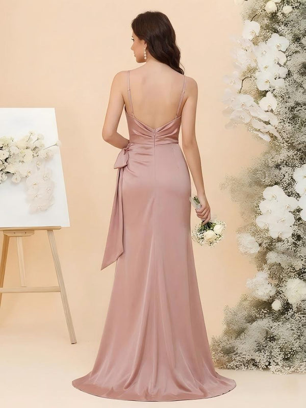 Satin Bridesmaid Dresses - Cowl Neck Sheath Gowns with High Side Slit