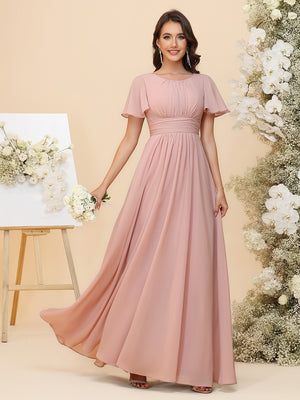 A-Line Chiffon Bridesmaid Dresses - Ruched Bodice & Flutter Short Sleeves