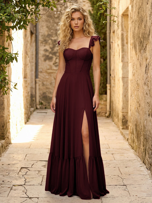 Spaghetti Straps Ruffles Chiffon Bridesmaid Dresses