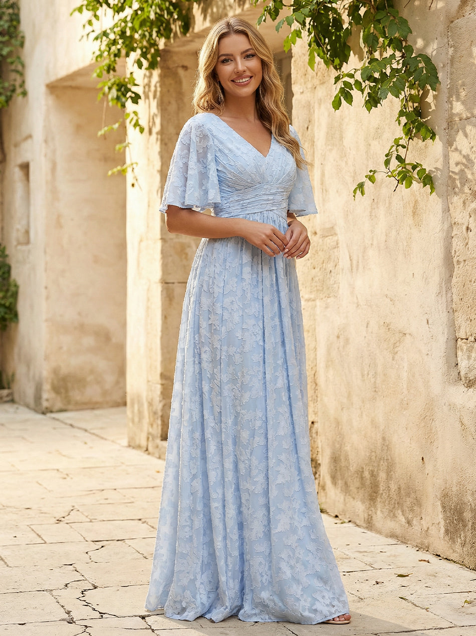 Short Sleeves Floral Chiffon Bridesmaid Dresses V Neck