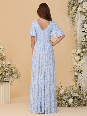 Short Sleeves Floral Chiffon Bridesmaid Dresses V Neck