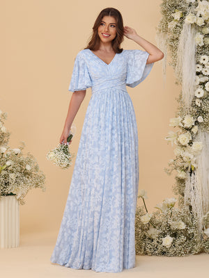 Short Sleeves Floral Chiffon Bridesmaid Dresses V Neck