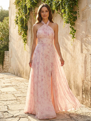 Halter Floral Chiffon Bridesmaid Dresses with Slit