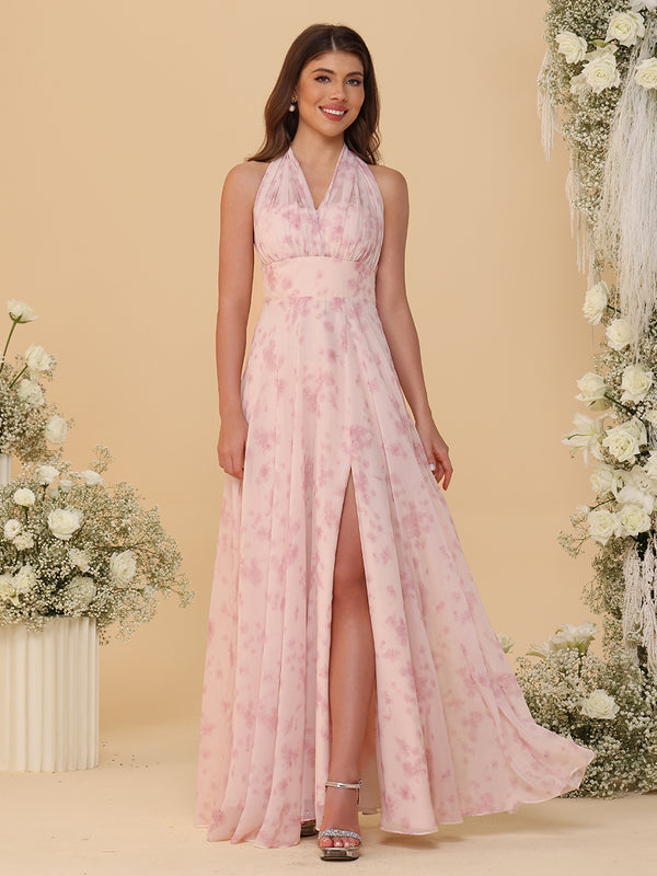 Halter Floral Chiffon Bridesmaid Dresses with Slit