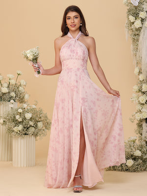 Halter Floral Chiffon Bridesmaid Dresses with Slit