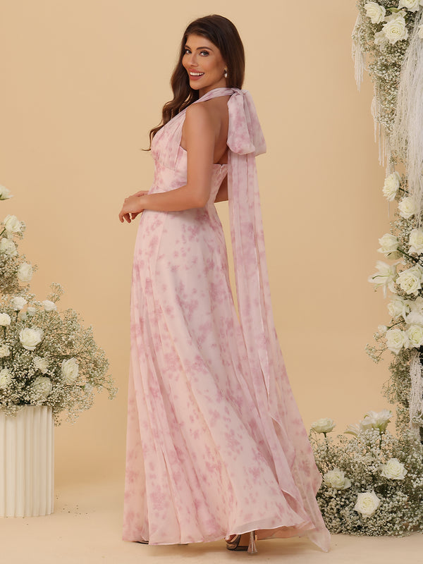 Halter Floral Chiffon Bridesmaid Dresses with Slit