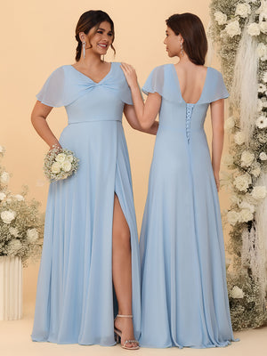 Short Sleeves V Neck Chiffon Bridesmaid Dresses with Slit