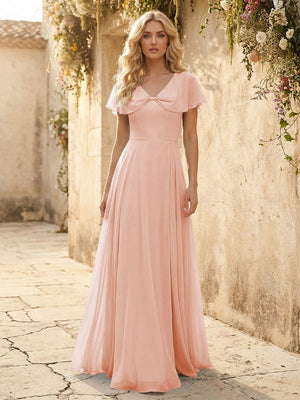 Short Sleeves V Neck Chiffon Bridesmaid Dresses with Slit
