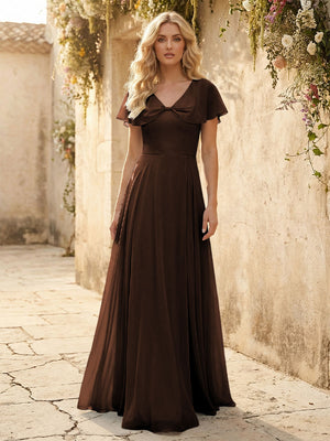 Short Sleeves V Neck Chiffon Bridesmaid Dresses with Slit