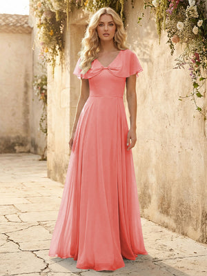 Short Sleeves V Neck Chiffon Bridesmaid Dresses with Slit