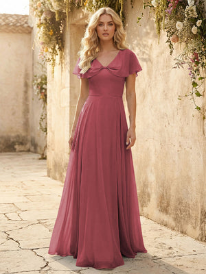 Short Sleeves V Neck Chiffon Bridesmaid Dresses with Slit