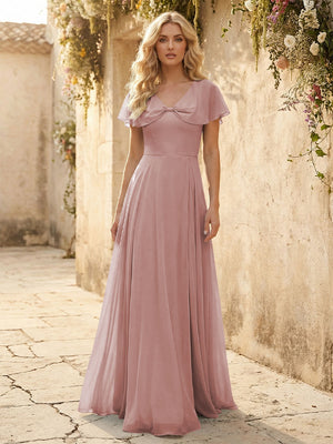 Short Sleeves V Neck Chiffon Bridesmaid Dresses with Slit