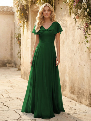 Short Sleeves V Neck Chiffon Bridesmaid Dresses with Slit