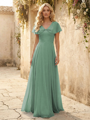 Short Sleeves V Neck Chiffon Bridesmaid Dresses with Slit