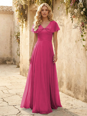 Short Sleeves V Neck Chiffon Bridesmaid Dresses with Slit