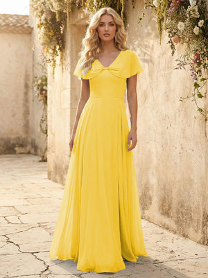 Short Sleeves V Neck Chiffon Bridesmaid Dresses with Slit