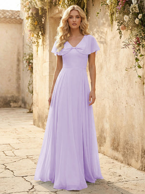 Short Sleeves V Neck Chiffon Bridesmaid Dresses with Slit