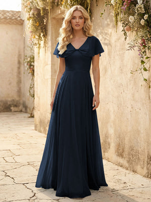 Short Sleeves V Neck Chiffon Bridesmaid Dresses with Slit