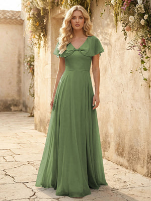 Short Sleeves V Neck Chiffon Bridesmaid Dresses with Slit