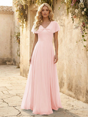 Short Sleeves V Neck Chiffon Bridesmaid Dresses with Slit