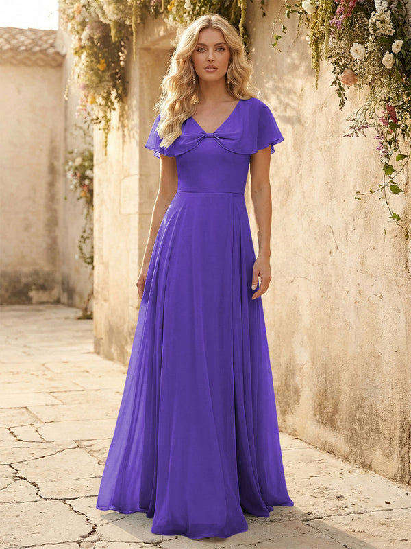 Short Sleeves V Neck Chiffon Bridesmaid Dresses with Slit