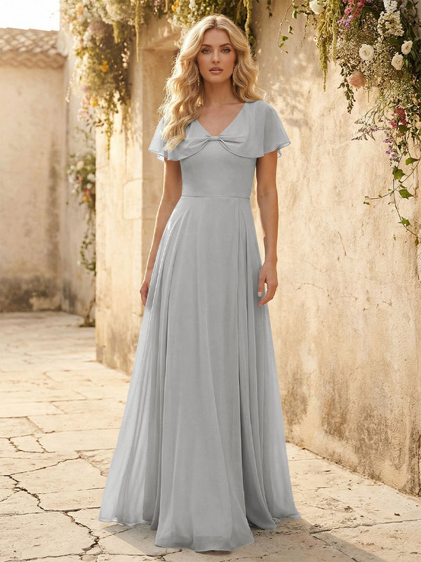 Short Sleeves V Neck Chiffon Bridesmaid Dresses with Slit