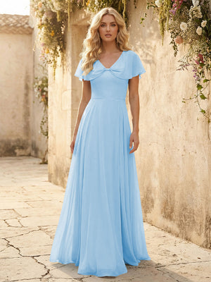 Short Sleeves V Neck Chiffon Bridesmaid Dresses with Slit