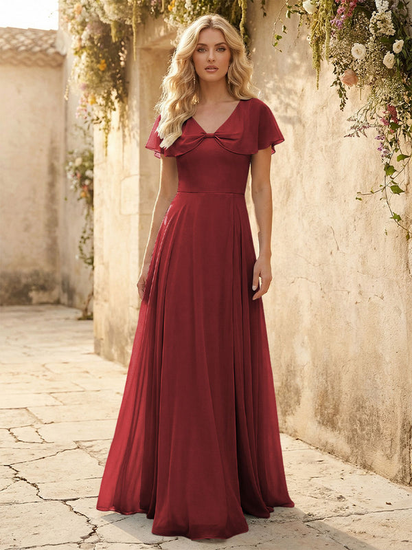 Short Sleeves V Neck Chiffon Bridesmaid Dresses with Slit