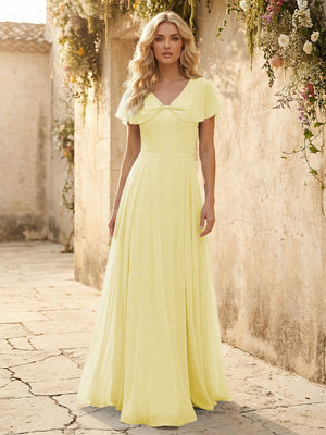 Short Sleeves V Neck Chiffon Bridesmaid Dresses with Slit