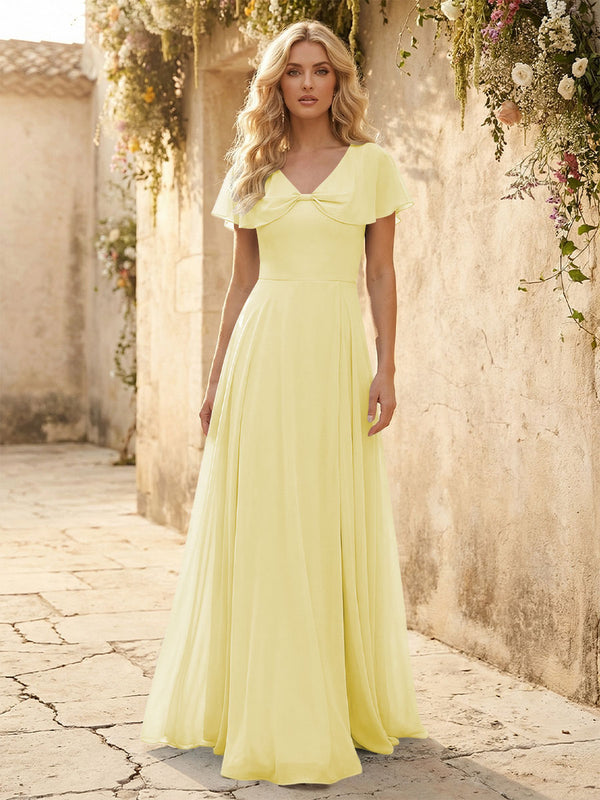 Short Sleeves V Neck Chiffon Bridesmaid Dresses with Slit