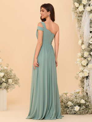 One Shoulder Chiffon Pleated Bridesmaid Dresses with Slit