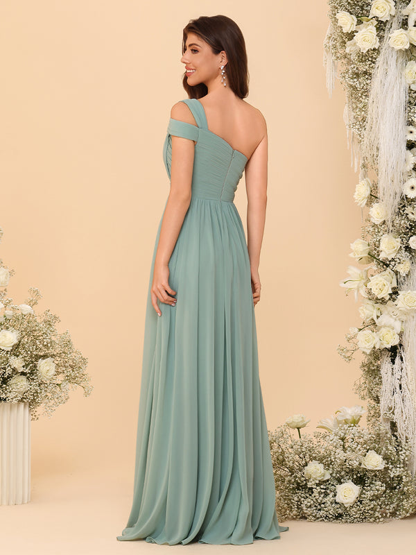 One Shoulder Chiffon Pleated Bridesmaid Dresses with Slit