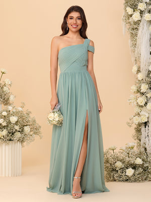 One Shoulder Chiffon Pleated Bridesmaid Dresses with Slit