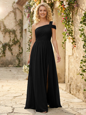 One Shoulder Chiffon Pleated Bridesmaid Dresses with Slit