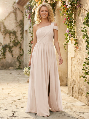 One Shoulder Chiffon Pleated Bridesmaid Dresses with Slit