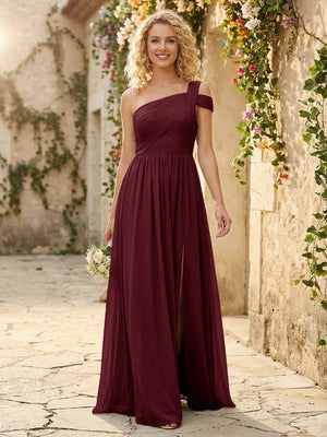 One Shoulder Chiffon Pleated Bridesmaid Dresses with Slit
