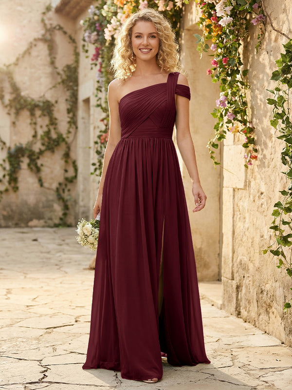 One Shoulder Chiffon Pleated Bridesmaid Dresses with Slit